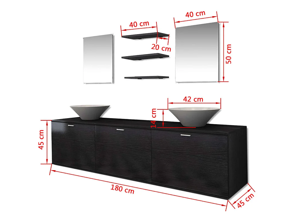 8 pièces de mobilier de salle de bain et lavabo Noir