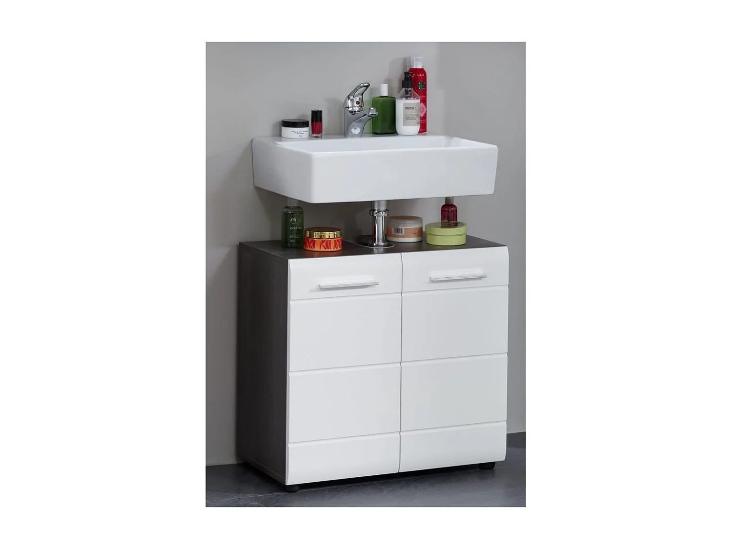 Meuble sous vasque Line Blanc et argenté fumé