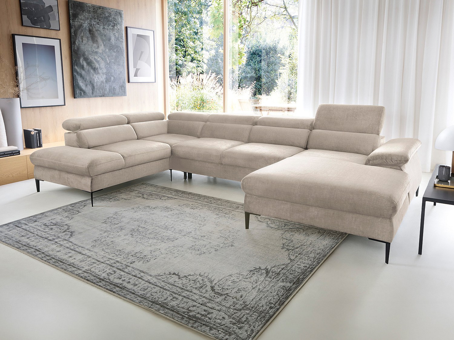 Grand canapé d'angle droit panoramique convertible en velours beige SEPINA