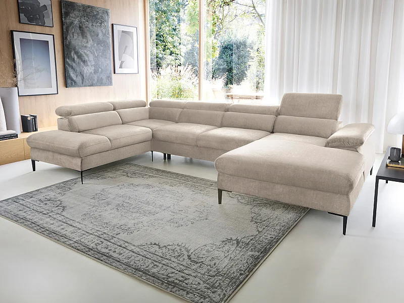 Stor panoramisk højre-hjørnjesofa med sovesofa i beige velour-stof SEPINA af Pascal Morabito
