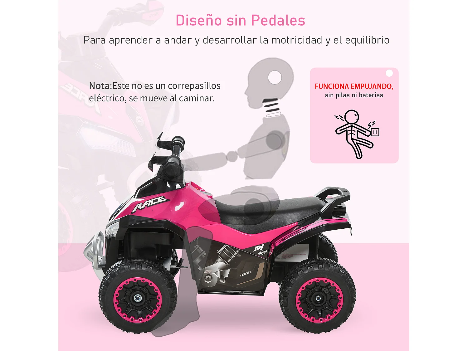 Quad correpasillo para niños rosa 67.5x38x44 cm HOMCOM