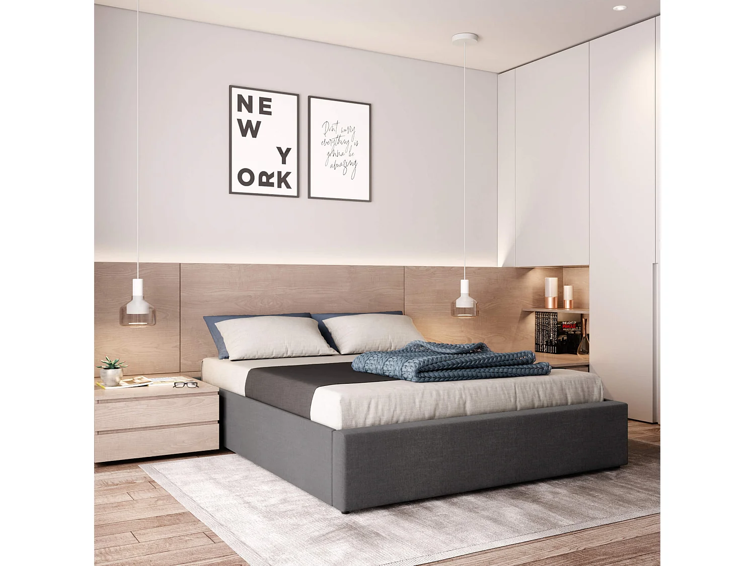 Lit coffre en bois massif anthracite avec sommier à lattes 160x200 - LT17017