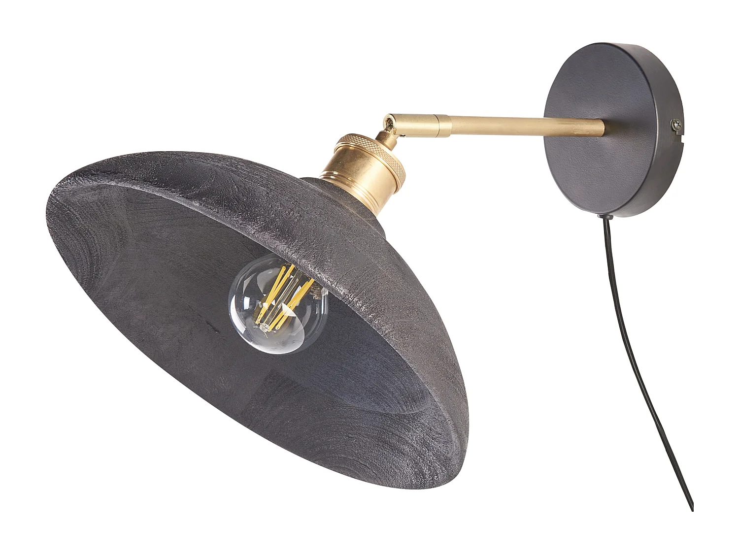 Wandlampe Mango-Holz schwarz / messing mit 1 Schirm Kegelform verstellbar Yerala