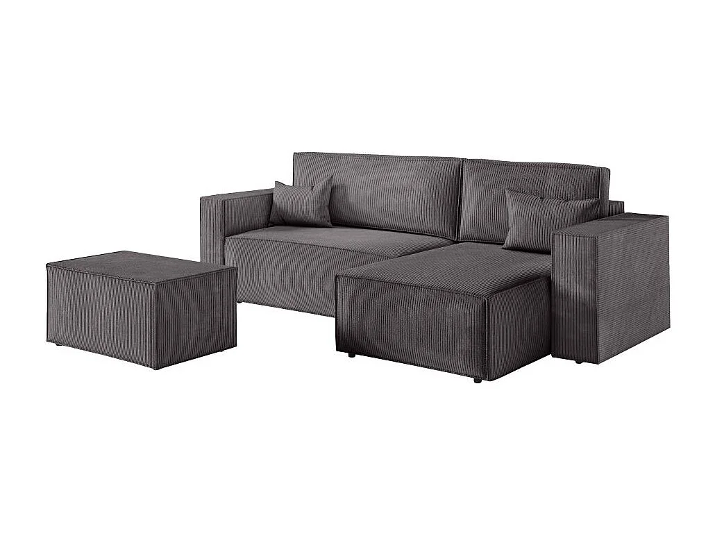Pack - Clarisse - Canapé d'angle convertible réversible avec pouf en velours côtelé - Gris anthracite - L269 x P159 x H89cm - Loungitude