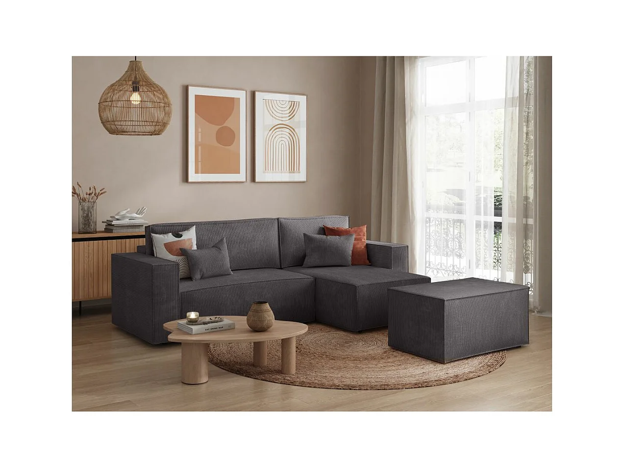 Pack - Clarisse - Canapé d'angle convertible réversible avec pouf en velours côtelé - Gris anthracite - L269 x P159 x H89cm - Loungitude
