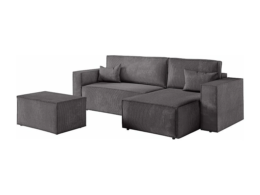 Pack - Clarisse - Canapé d'angle convertible réversible avec pouf en velours côtelé - Gris anthracite - L269 x P159 x H89cm - Loungitude