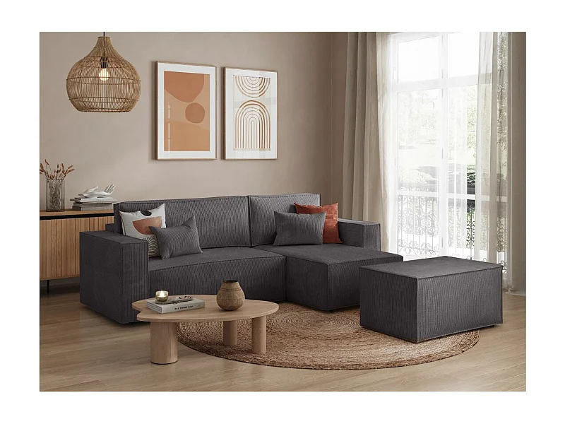 Pack - Clarisse - Canapé d'angle convertible réversible avec pouf en velours côtelé - Gris anthracite - L269 x P159 x H89cm - Loungitude