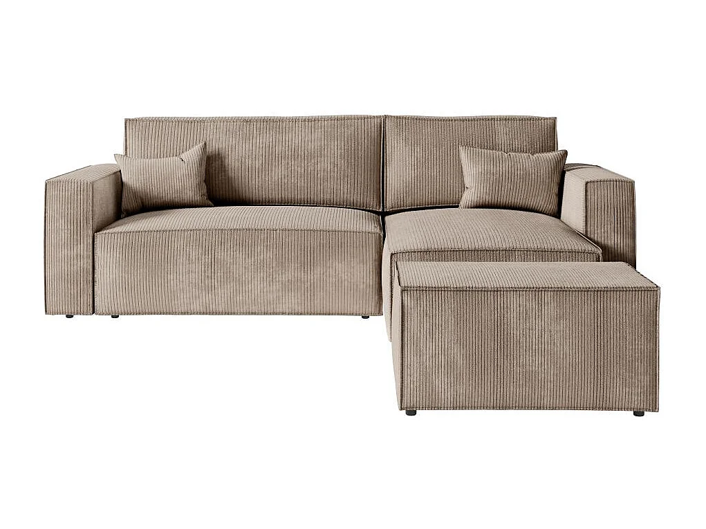 Pack - Clarisse - Canapé d'angle convertible réversible avec pouf en velours côtelé - Taupe - L269 x P159 x H89cm - Loungitude
