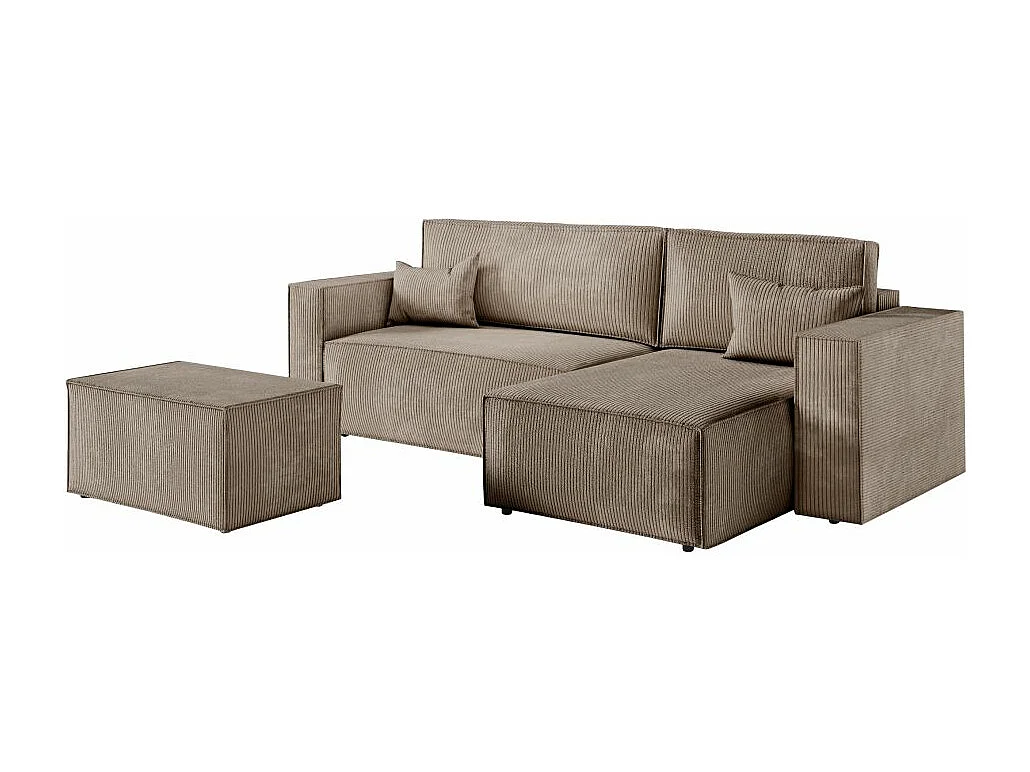 Pack - Clarisse - Canapé d'angle convertible réversible avec pouf en velours côtelé - Taupe - L269 x P159 x H89cm - Loungitude