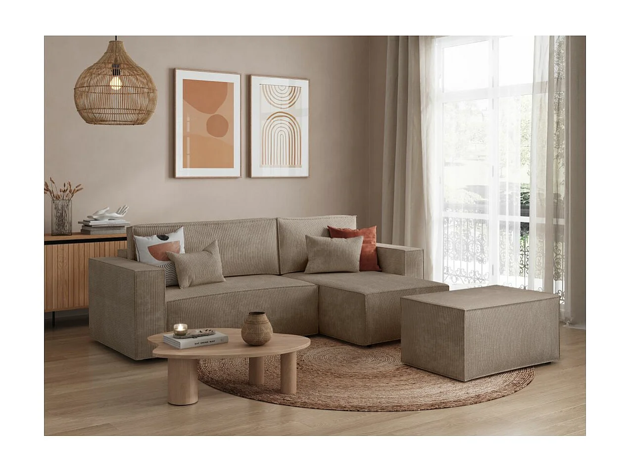 Pack - Clarisse - Canapé d'angle convertible réversible avec pouf en velours côtelé - Taupe - L269 x P159 x H89cm - Loungitude