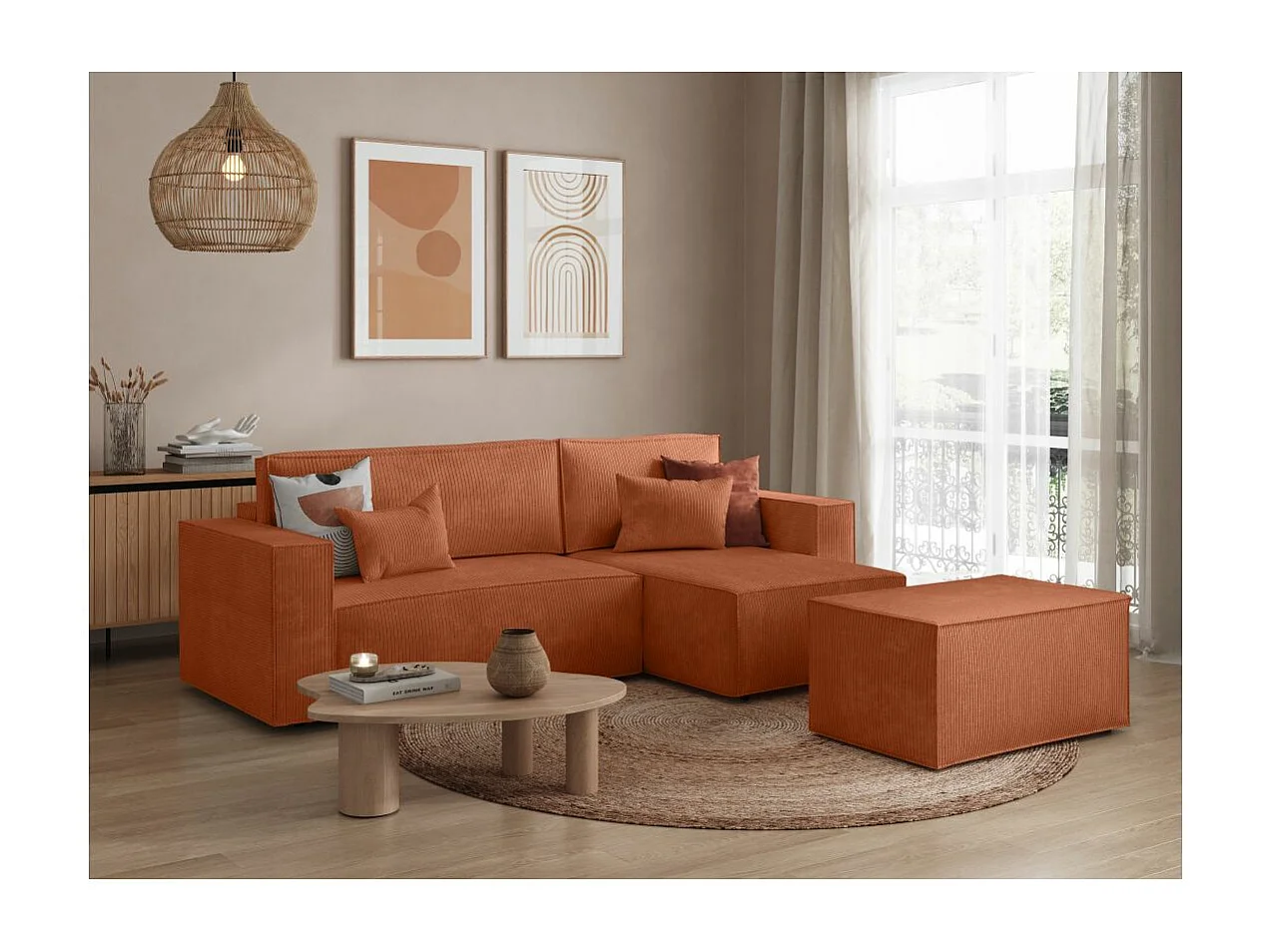 Pack - Clarisse - Canapé d'angle convertible réversible avec pouf en velours côtelé - Terracotta - L269 x P159 x H89cm - Loungitude