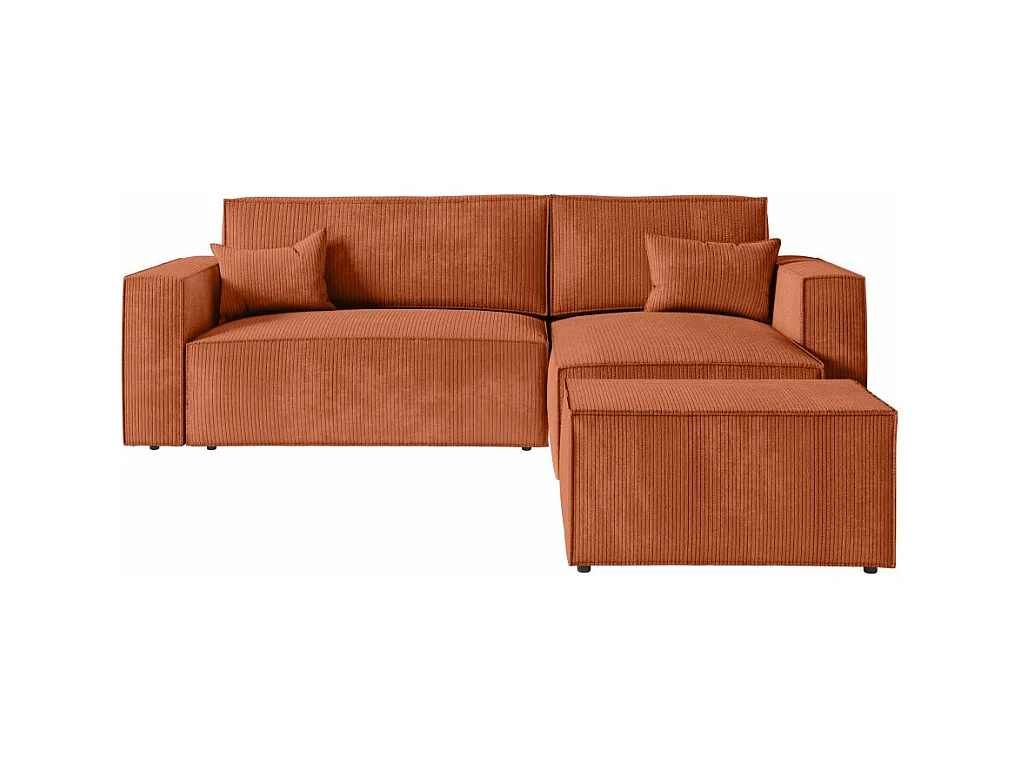 Pack - Clarisse - Canapé d'angle convertible réversible avec pouf en velours côtelé - Terracotta - L269 x P159 x H89cm - Loungitude