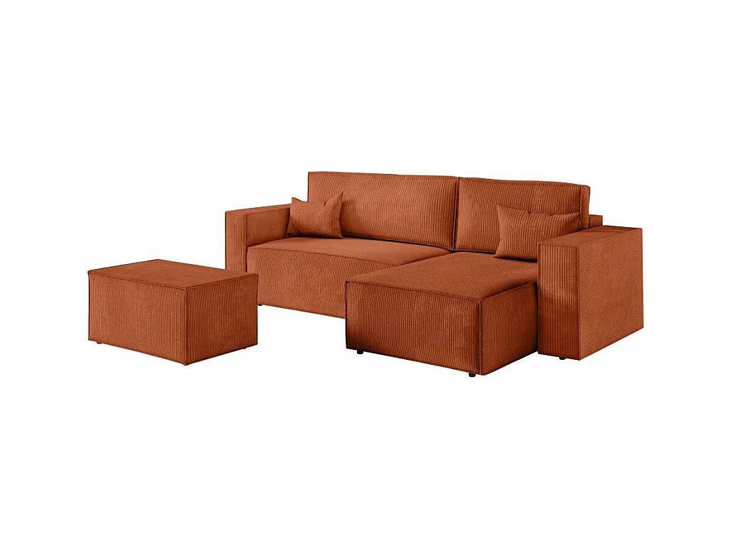 Pack - Clarisse - Canapé d'angle convertible réversible avec pouf en velours côtelé - Terracotta - L269 x P159 x H89cm - Loungitude
