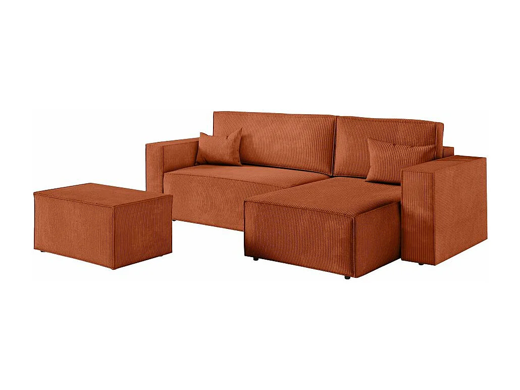Pack - Clarisse - Canapé d'angle convertible réversible avec pouf en velours côtelé - Terracotta - L269 x P159 x H89cm - Loungitude