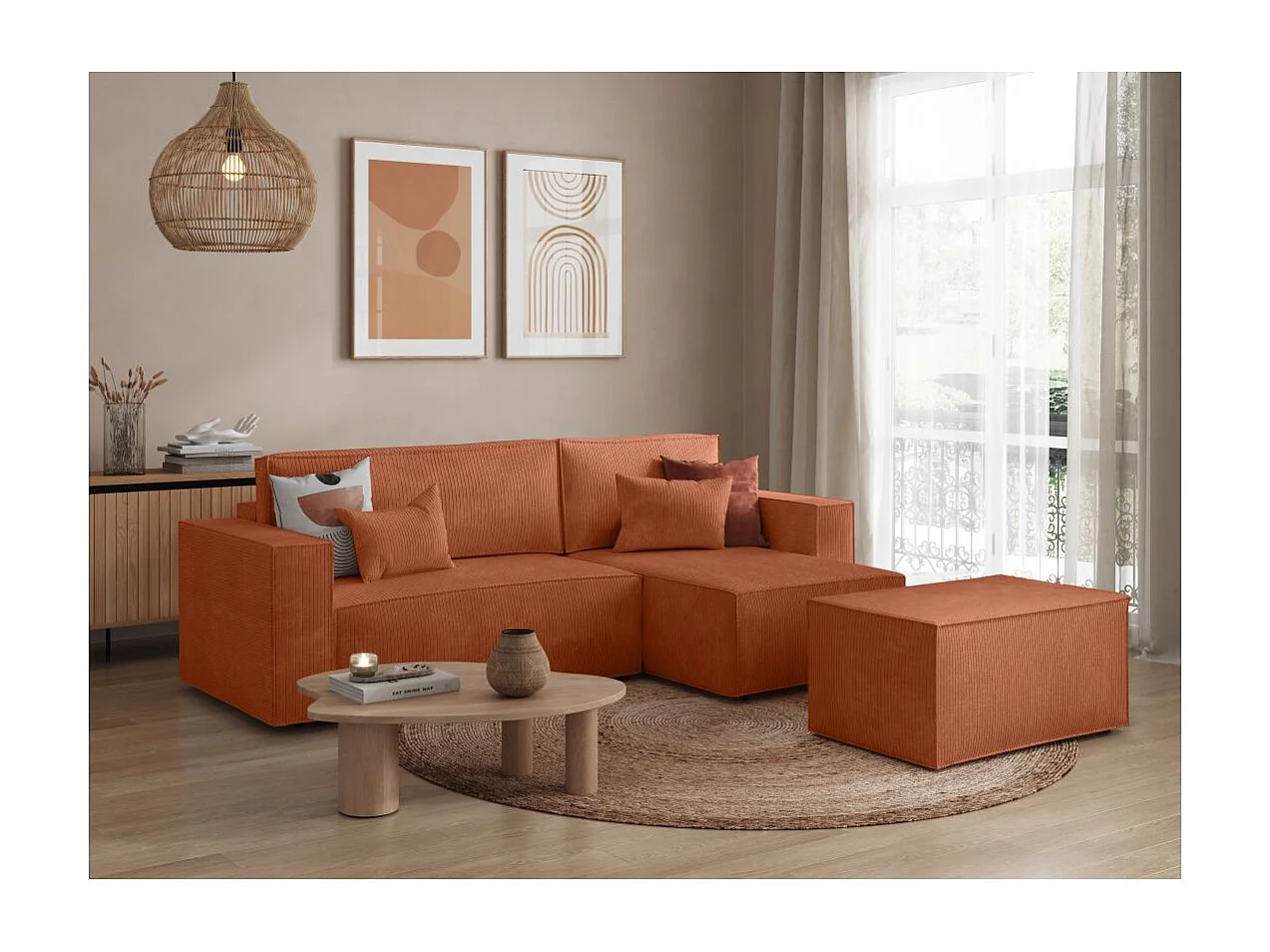 Pack - Clarisse - Canapé d'angle convertible réversible avec pouf en velours côtelé - Terracotta - L269 x P159 x H89cm - Loungitude