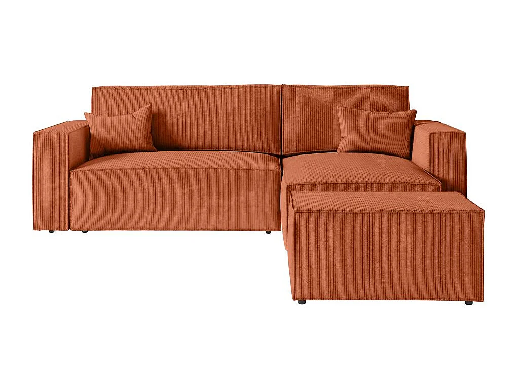Pack - Clarisse - Canapé d'angle convertible réversible avec pouf en velours côtelé - Terracotta - L269 x P159 x H89cm - Loungitude