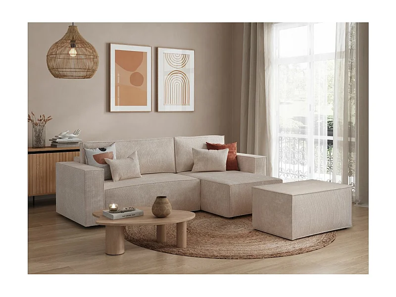 Pack - Clarisse - Canapé d'angle convertible réversible avec pouf en velours côtelé - Beige - L269 x P159 x H89cm - Loungitude