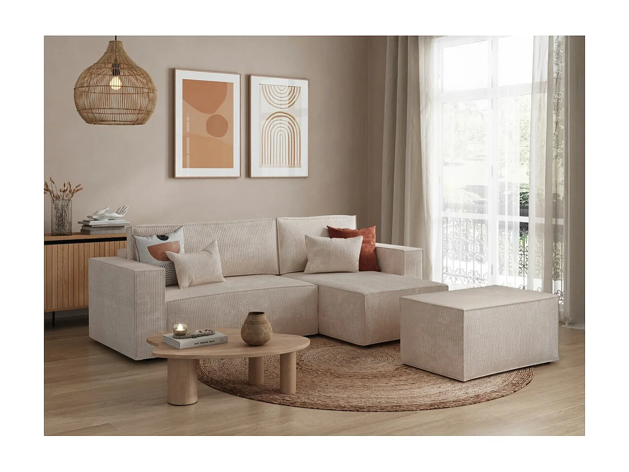 Pack - Clarisse - Canapé d'angle convertible réversible avec pouf en velours côtelé - Beige - L269 x P159 x H89cm - Loungitude