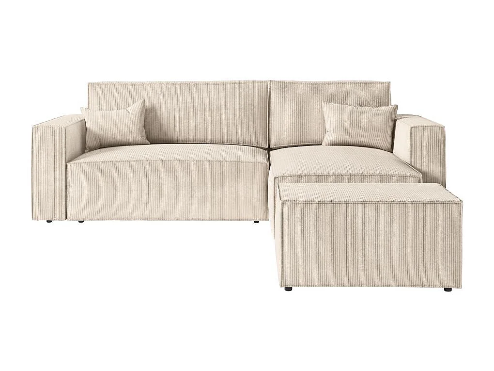 Pack - Clarisse - Canapé d'angle convertible réversible avec pouf en velours côtelé - Beige - L269 x P159 x H89cm - Loungitude