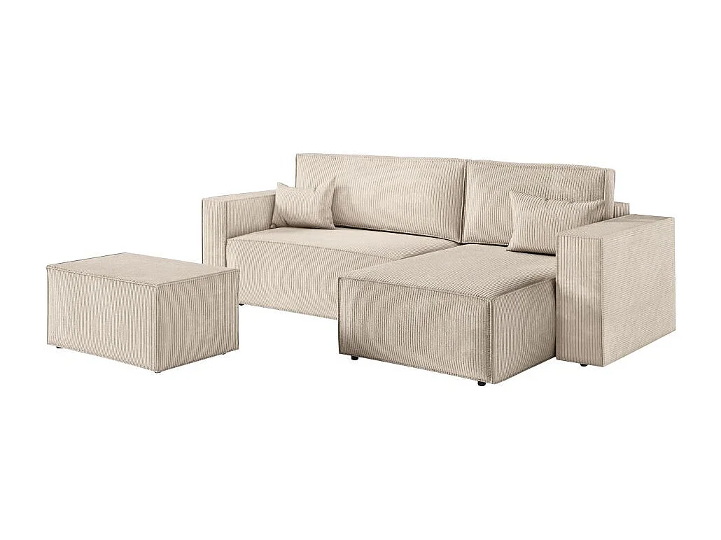 Pack - Clarisse - Canapé d'angle convertible réversible avec pouf en velours côtelé - Beige - L269 x P159 x H89cm - Loungitude