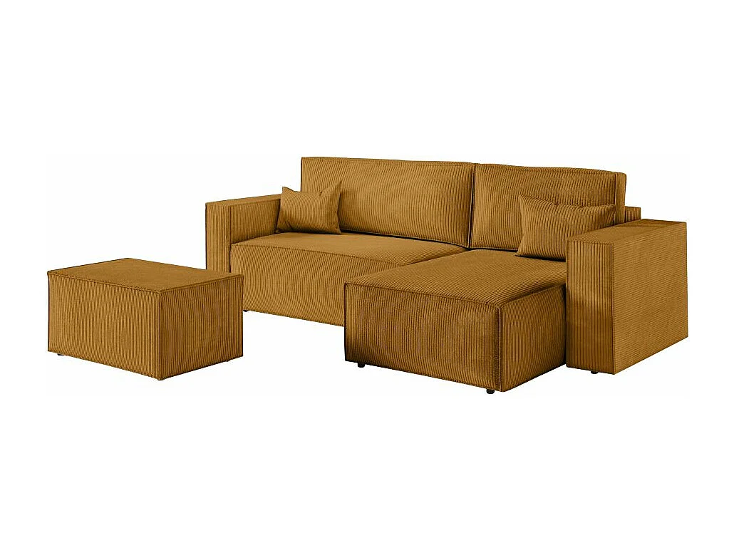Pack - Clarisse - Canapé d'angle convertible réversible avec pouf en velours côtelé - Jaune - L269 x P159 x H89cm - Loungitude