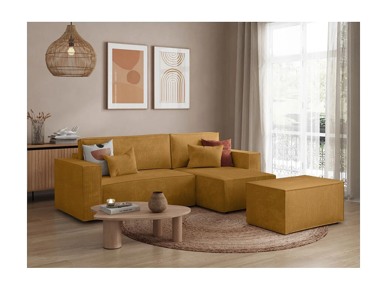 Pack - Clarisse - Canapé d'angle convertible réversible avec pouf en velours côtelé - Jaune - L269 x P159 x H89cm - Loungitude