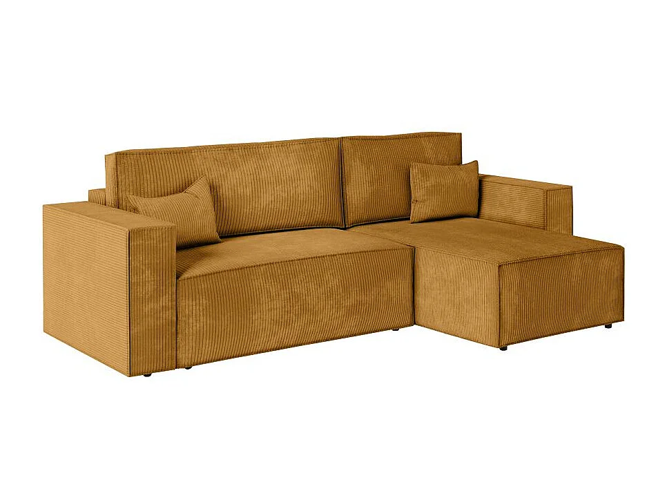 Pack - Clarisse - Canapé d'angle convertible réversible avec pouf en velours côtelé - Jaune - L269 x P159 x H89cm - Loungitude