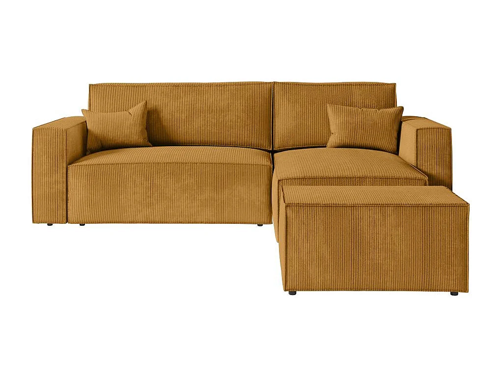 Pack - Clarisse - Canapé d'angle convertible réversible avec pouf en velours côtelé - Jaune - L269 x P159 x H89cm - Loungitude