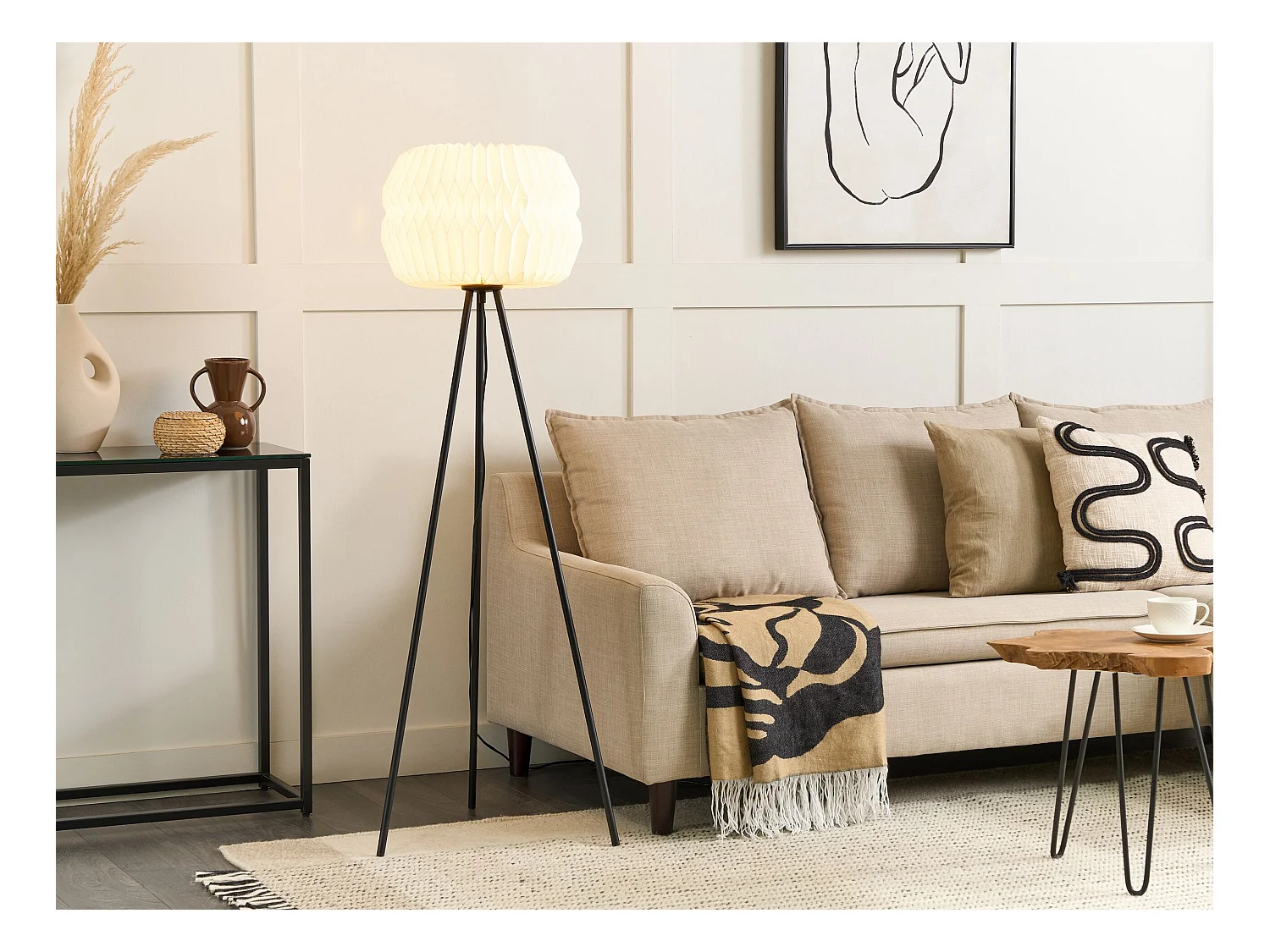 Dreibein Stehlampe mit Papierschirm Modernes Design Minimalistischer Stil Schwarze Metallbeine Hunter