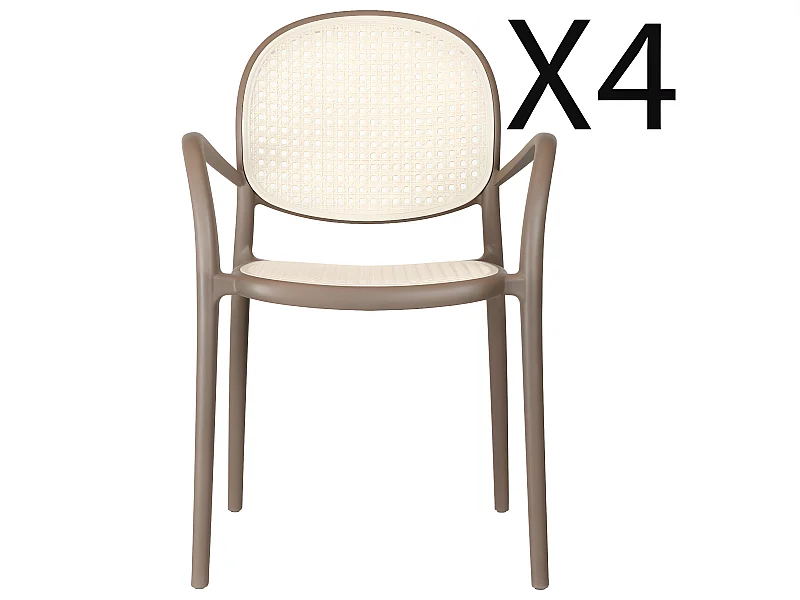 Lot de 4 fauteuils de salle à manger coloris taupe/rotin - L. 48 x P. 56 x H. 85 cm