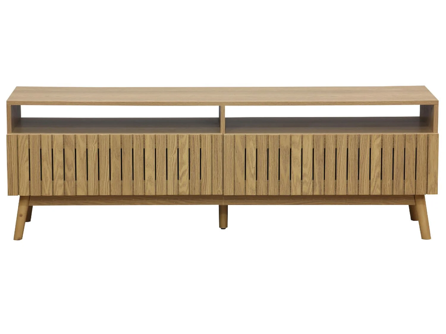 Meuble TV avec 2 tiroirs coloris naturel, pieds en bois  - L. 150 x P. 40 x H. 50 cm