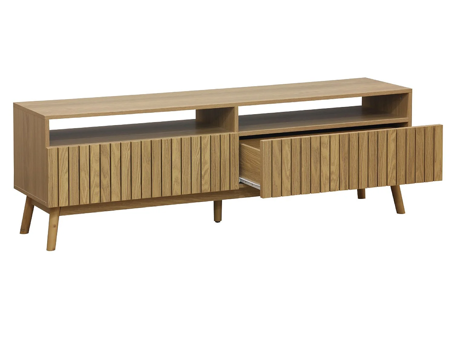 Meuble TV avec 2 tiroirs coloris naturel, pieds en bois  - L. 150 x P. 40 x H. 50 cm