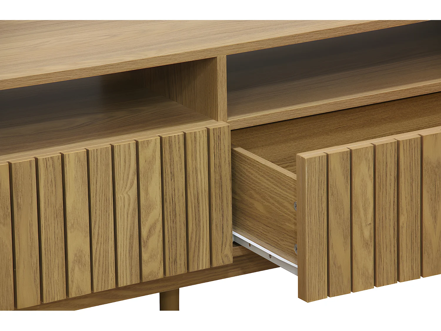 Meuble TV avec 2 tiroirs coloris naturel, pieds en bois  - L. 150 x P. 40 x H. 50 cm