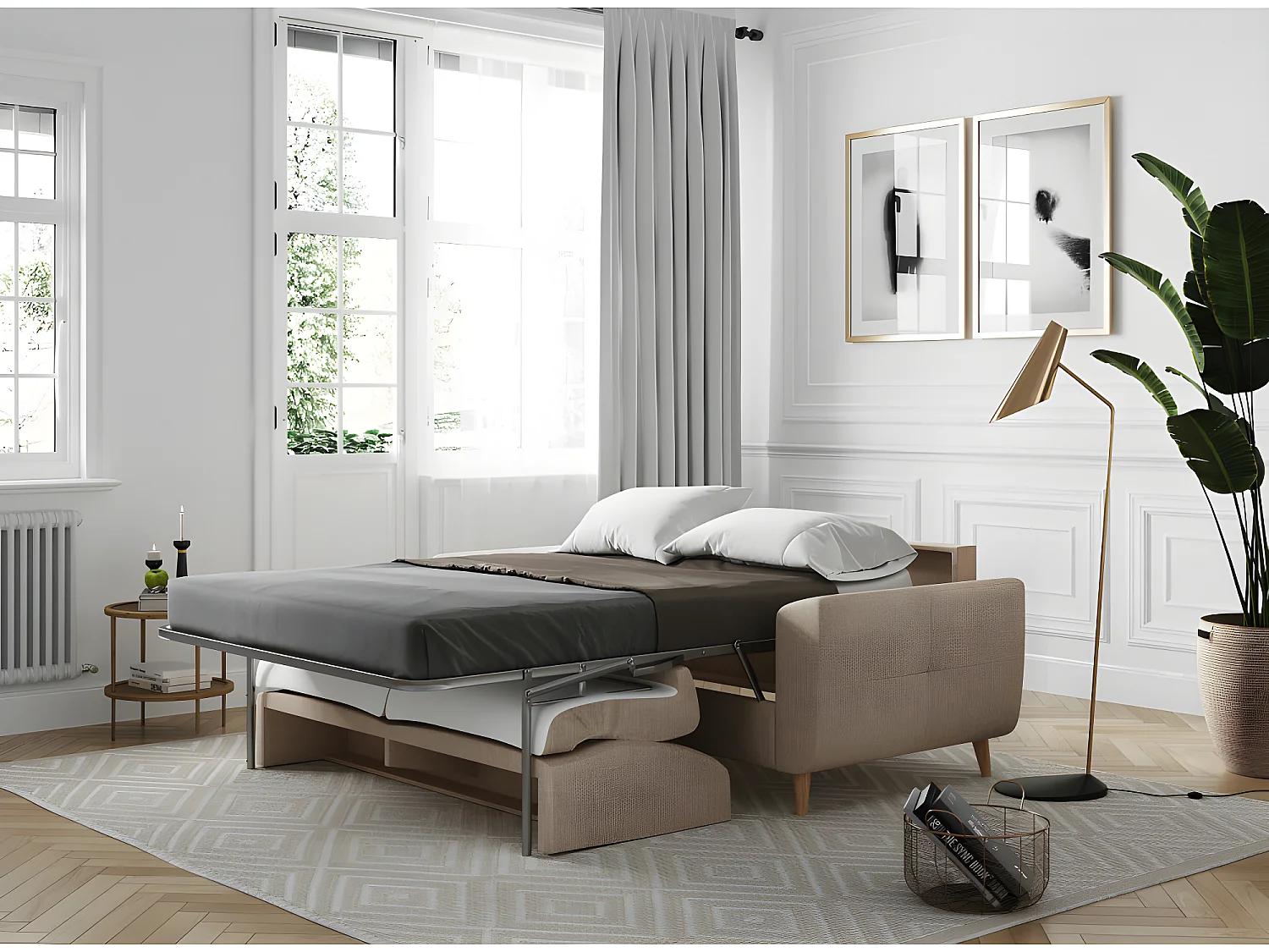 Canapé convertible express 3 places en tissu capitonné beige ALAMA