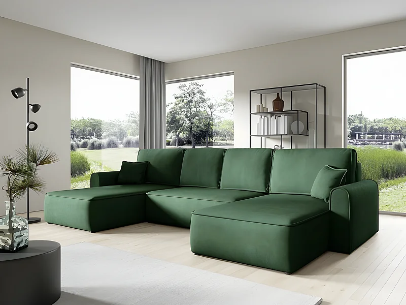 Canapé d'angle panoramique convertible LORIO en tissu aspect velours vert