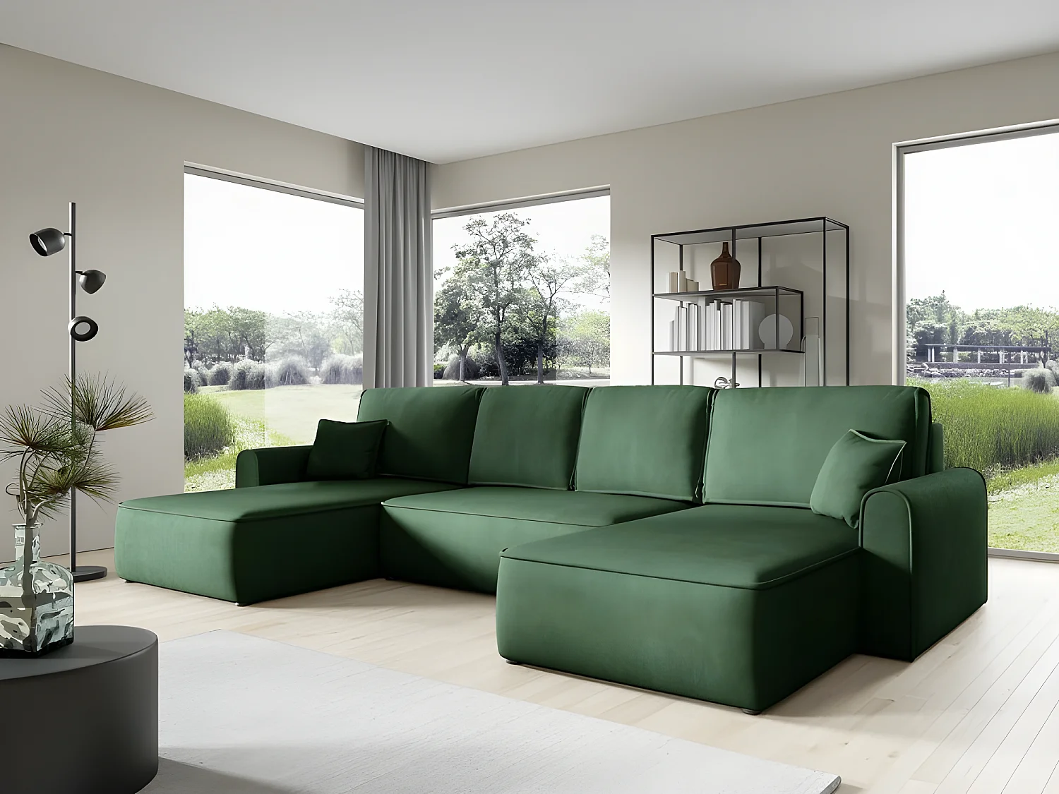 Canapé d'angle panoramique convertible LORIO en tissu aspect velours vert