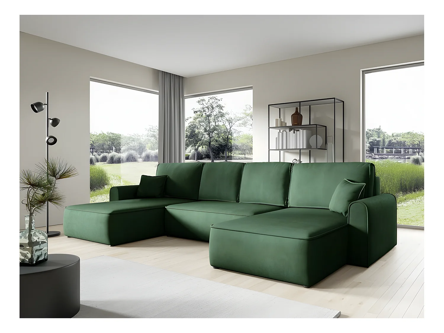 Canapé d'angle panoramique convertible LORIO en tissu aspect velours vert