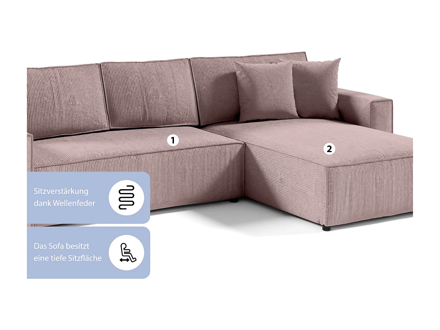 ECKSOFA aus Cord Stoff Bento L Rosa Right