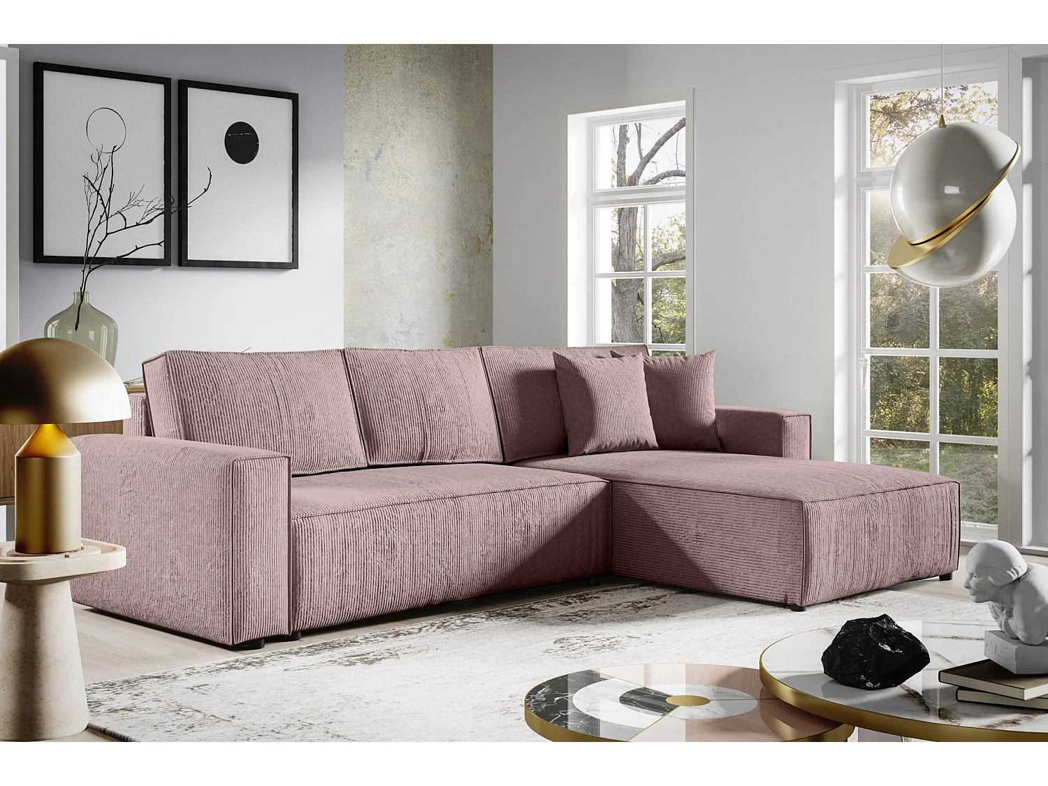 ECKSOFA aus Cord Stoff Bento L Rosa Right