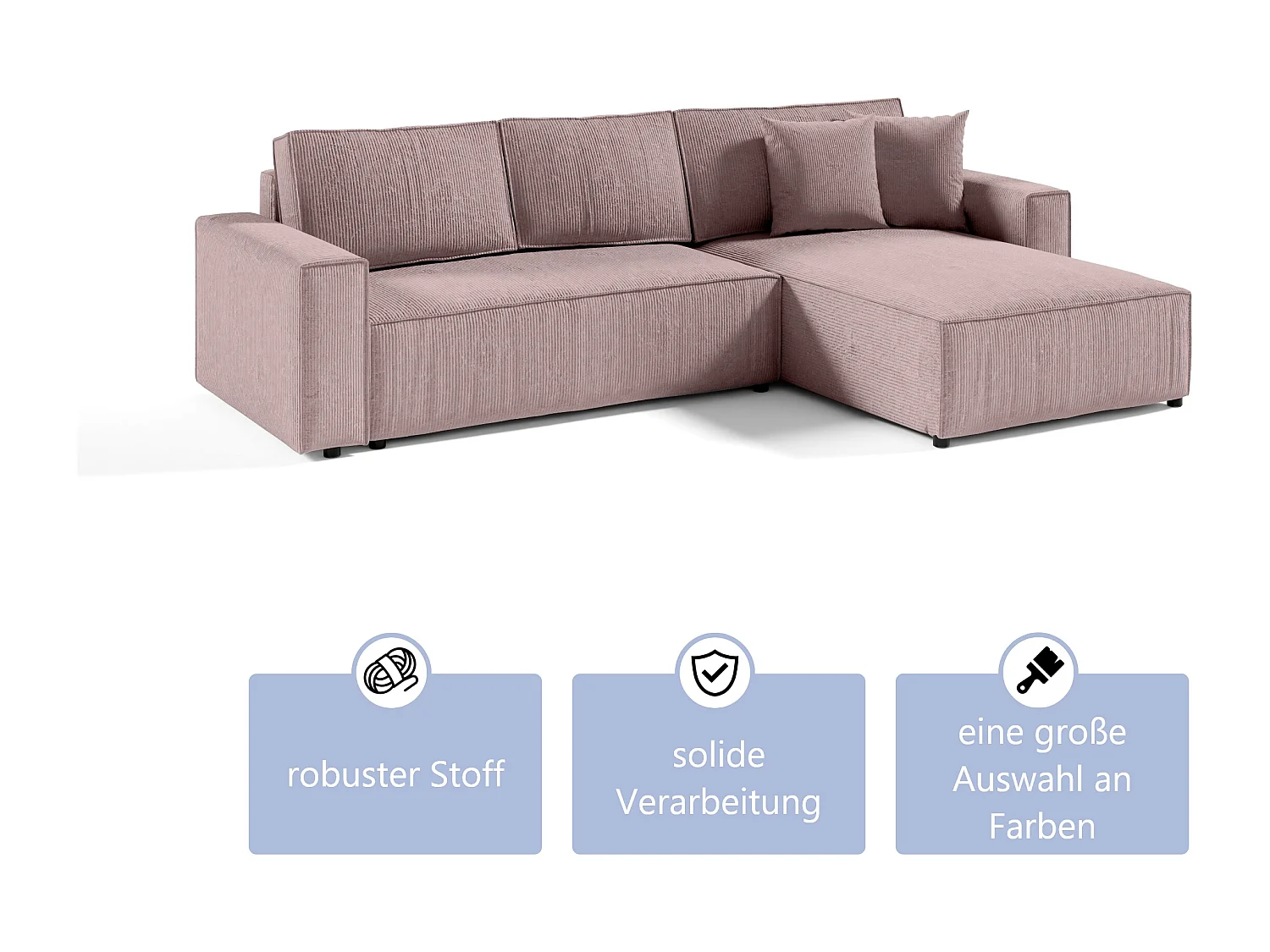 ECKSOFA aus Cord Stoff Bento L Rosa Right