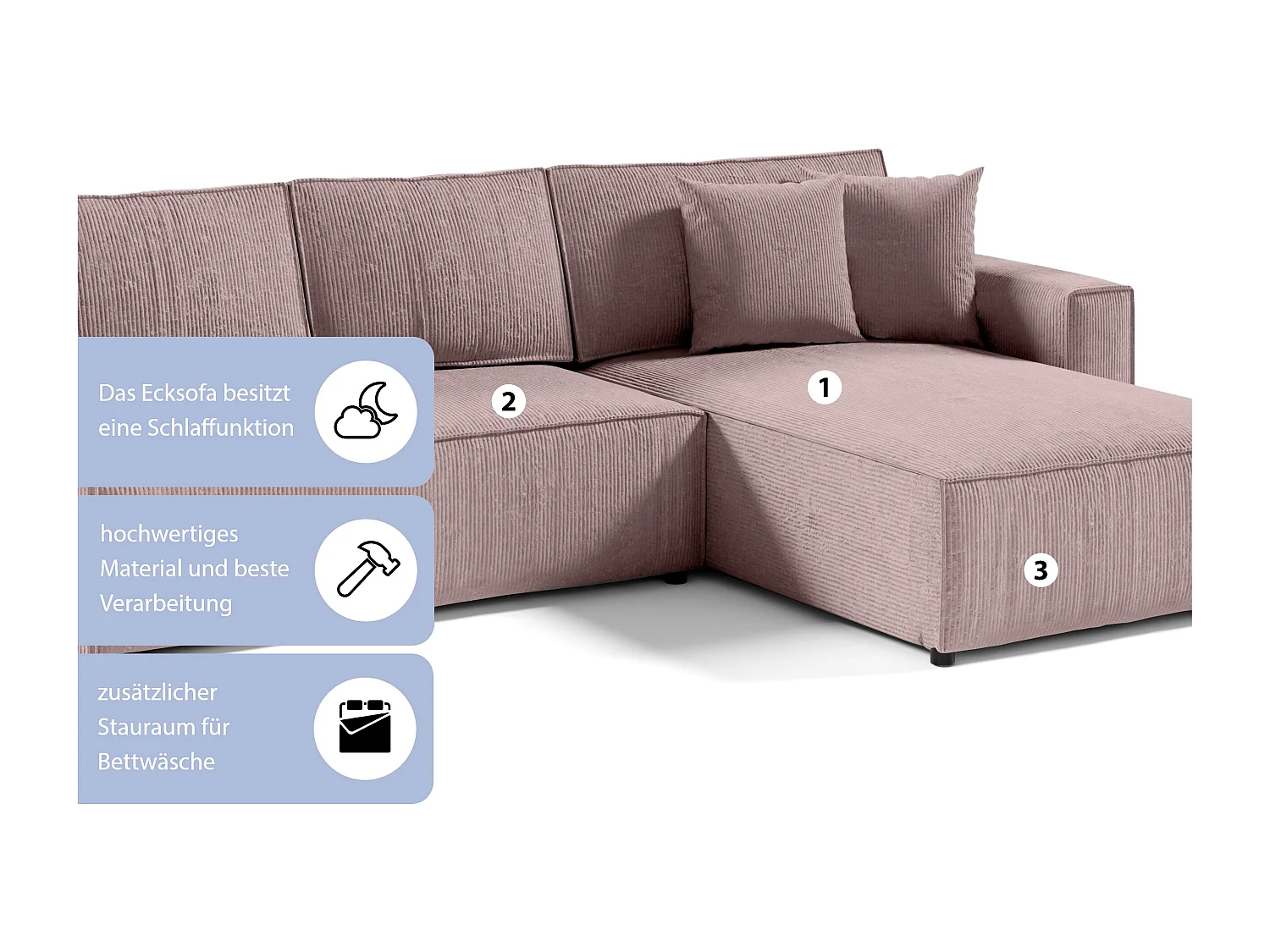 ECKSOFA aus Cord Stoff Bento L Rosa Right