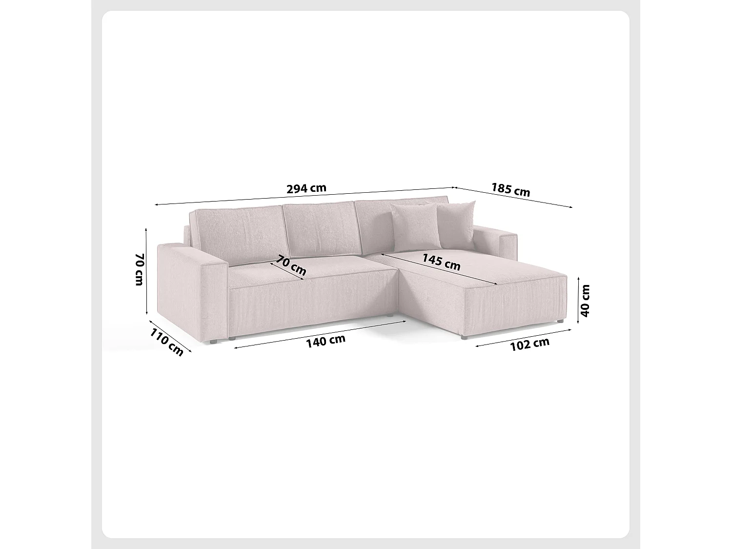 ECKSOFA aus Cord Stoff Bento L Rosa Right