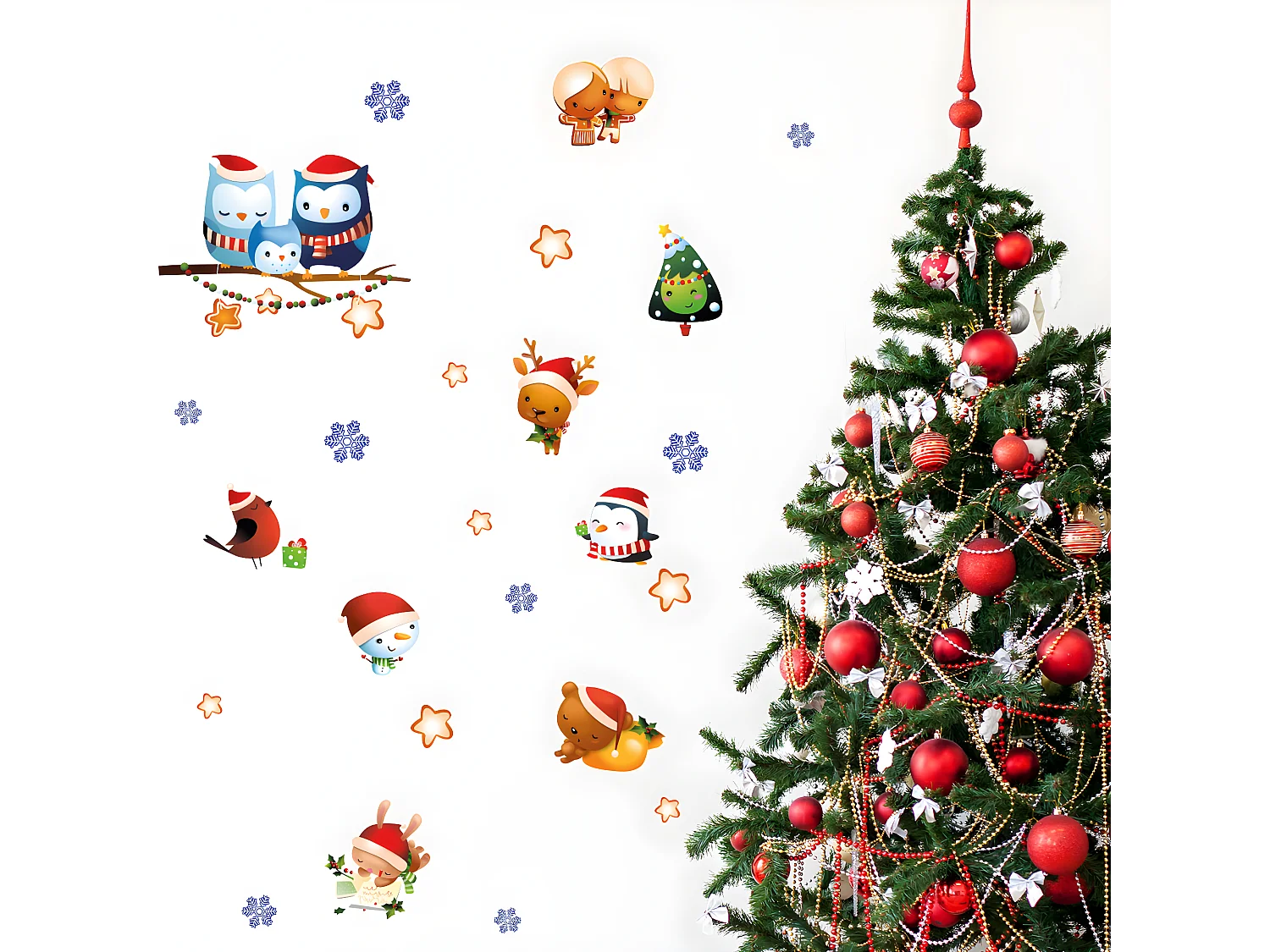 Sticker Noël famille hiboux et ses amis - Autocollants stickers adhésifs noël - décoration fêtes - 100x120cm