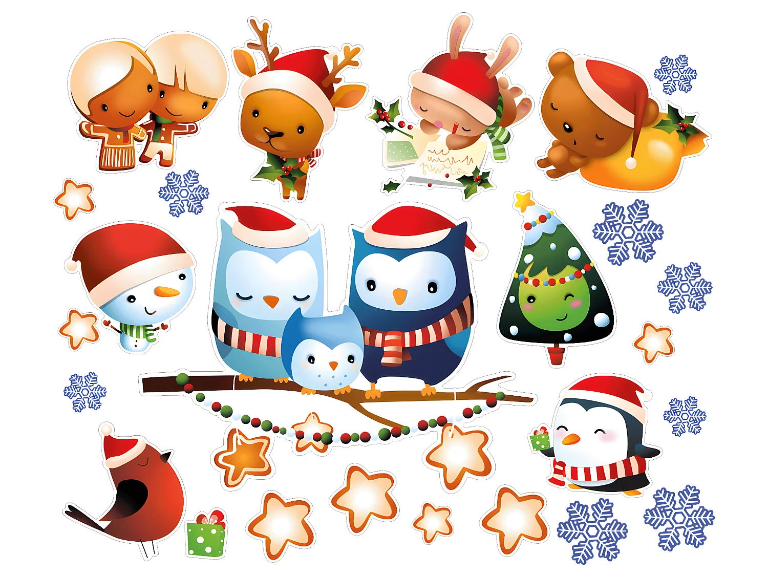Sticker Noël famille hiboux et ses amis - Autocollants stickers adhésifs noël - décoration fêtes - 100x120cm