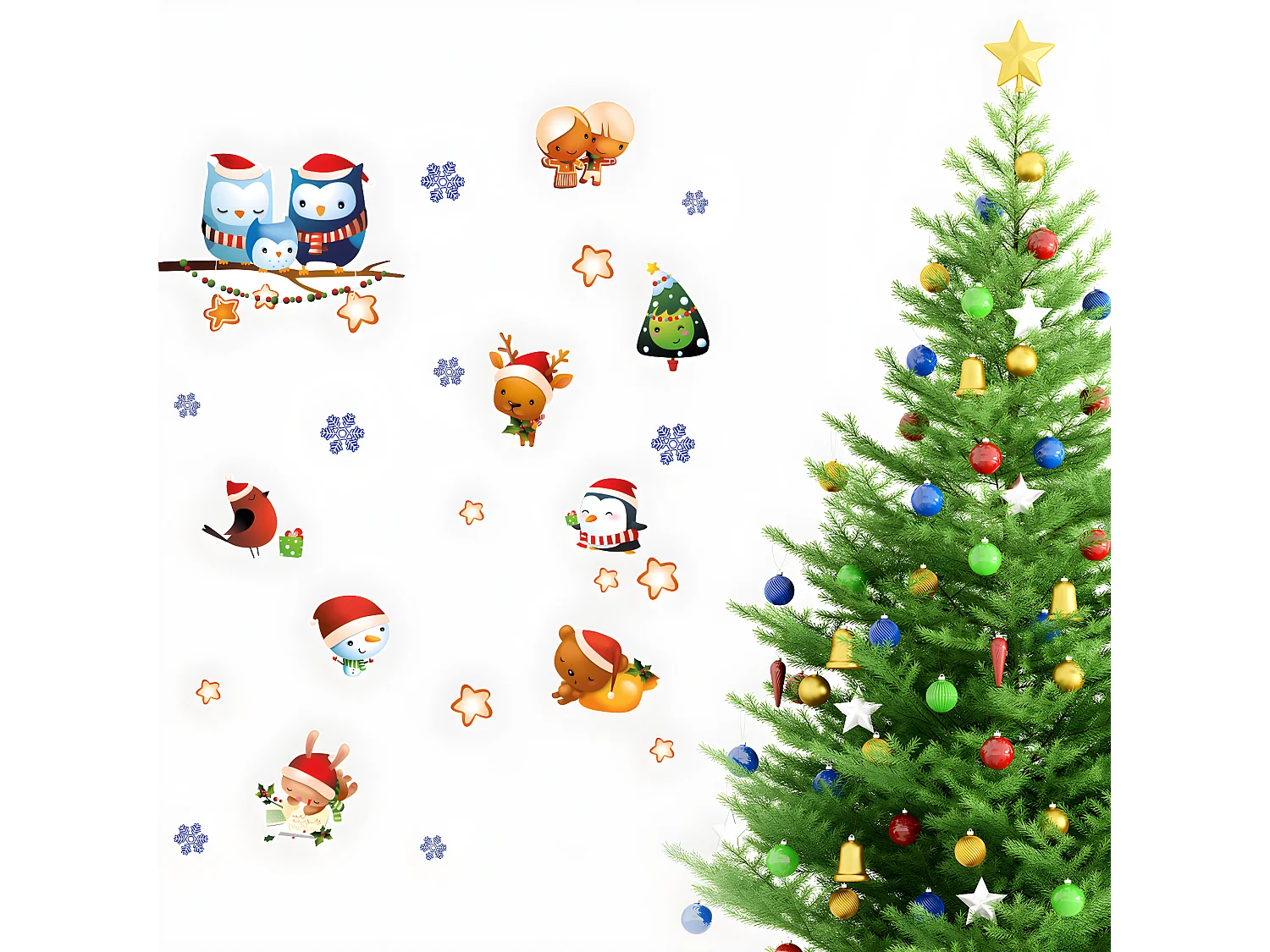 Sticker Noël famille hiboux et ses amis - Autocollants stickers adhésifs noël - décoration fêtes - 100x120cm