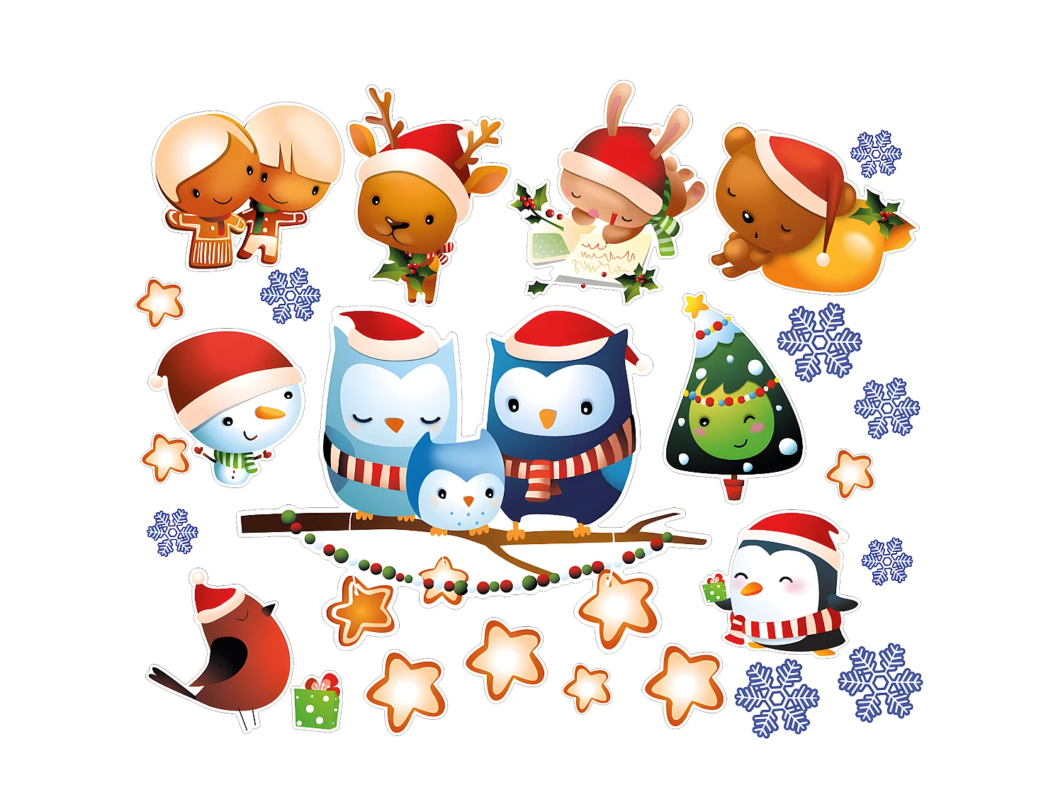 Sticker Noël famille hiboux et ses amis - Autocollants stickers adhésifs noël - décoration fêtes - 100x120cm