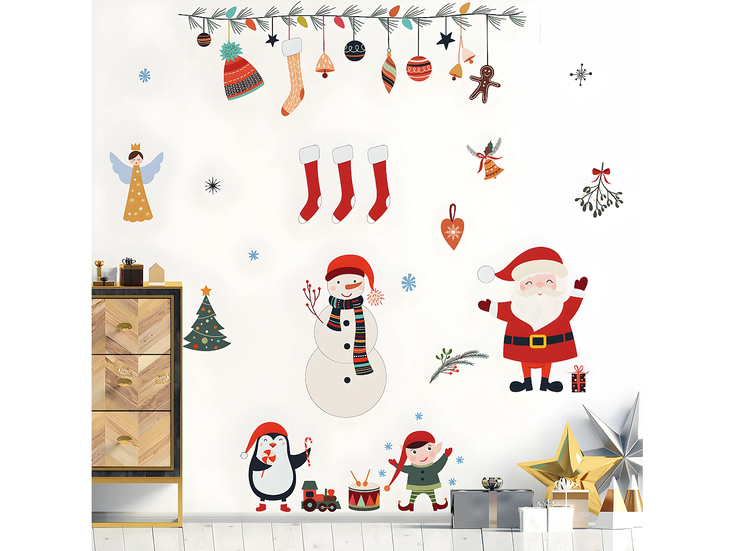 Sticker Noël père noël et éléments de noël - Autocollants stickers adhésifs noël - décoration fêtes - 60x80cm