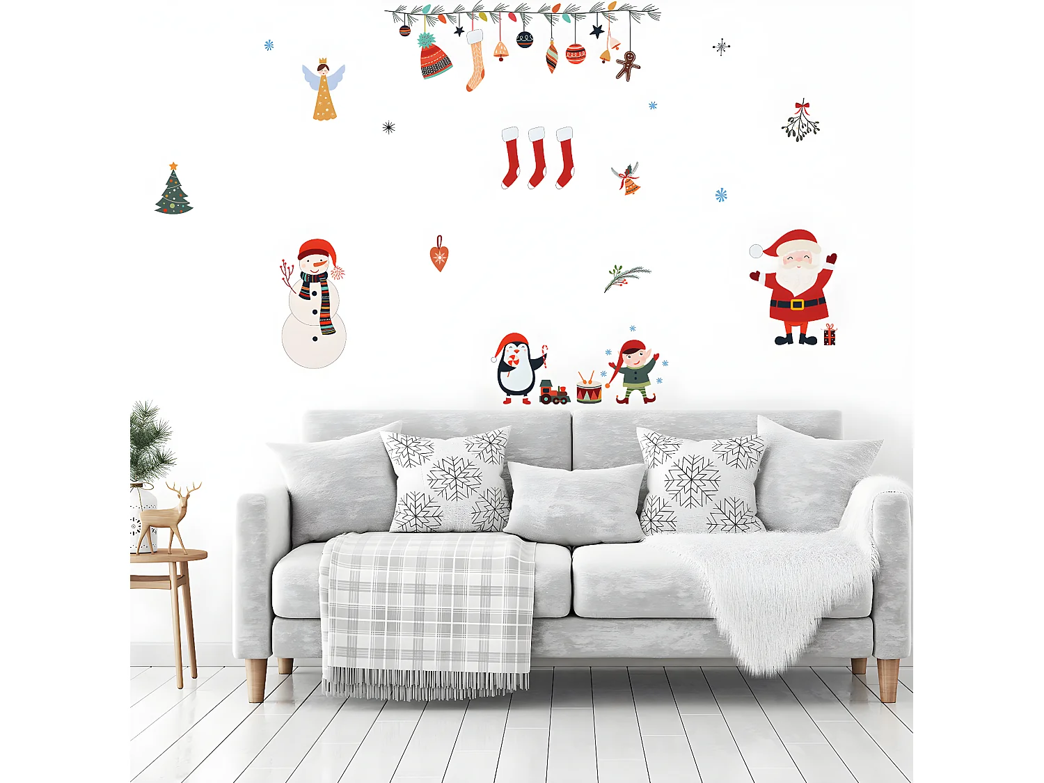 Sticker Noël père noël et éléments de noël - Autocollants stickers adhésifs noël - décoration fêtes - 60x80cm
