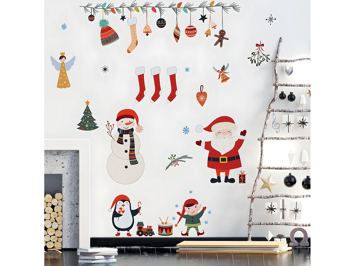 Sticker Noël père noël et éléments de noël - Autocollants stickers adhésifs noël - décoration fêtes - 60x80cm