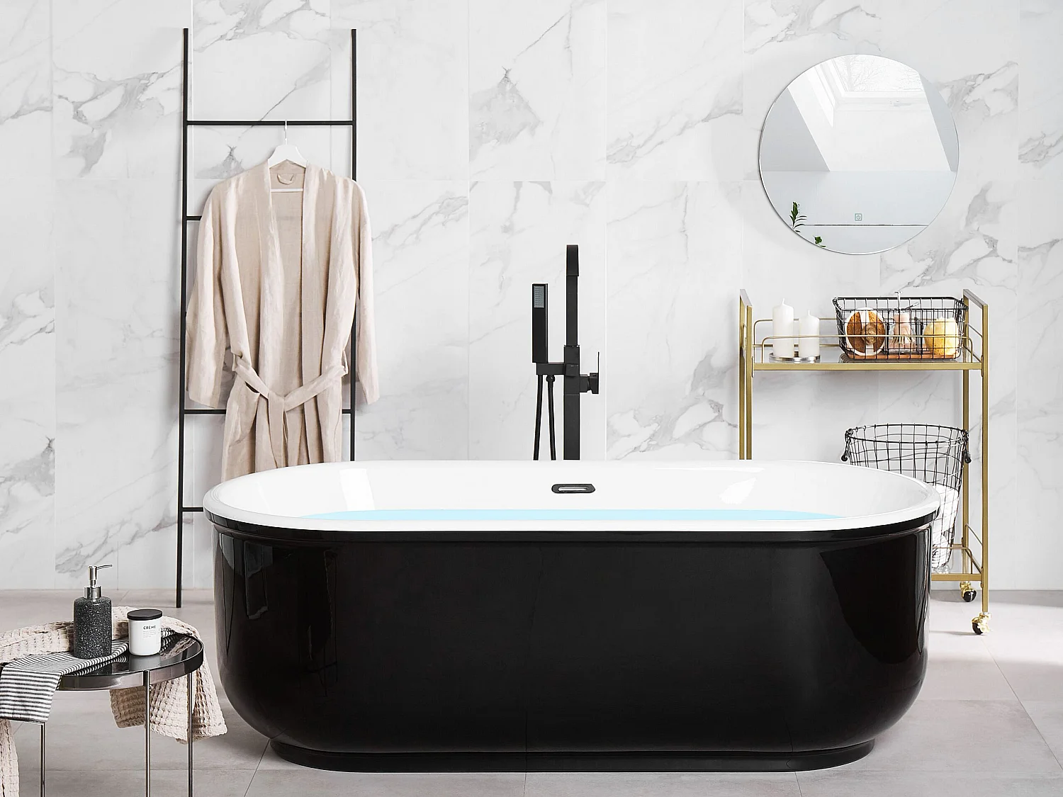 Moderne Acryl Badewanne oval freistehend schwarz mit Überlauf 170 x 80 cm Pinel